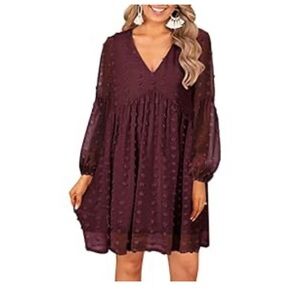 Women’s V-Neck Long Sleeve Burgundy Dress